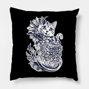 Playful Feline Amidst Floral Beauty - Monochromatic Cat Illustration Pillow