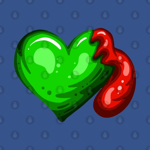 Green Dead Zombie Heart Cartoon Illustration with Blood and for Valentines Day or Halloween by Squeeb Creative