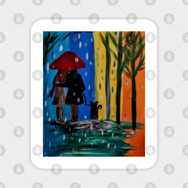 Couple walking the dog in the rain set against a colorblock background. Magnet by kkartwork