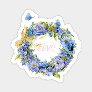 Love Text with Blue Flowers Wreath Magnet