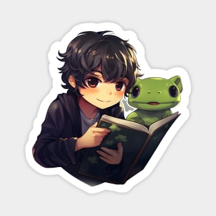 Anime Frog Boy Reading Sticker Magnet