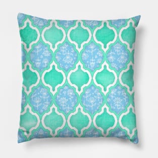 Moroccan Aqua Doodle pattern in mint green, blue & white Pillow