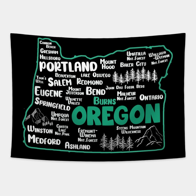 Cute map of Burns Oregon, Portland, Salem, Eugene, Springfield, Bend, Ontario, Medford Tapestry by BoogieCreates