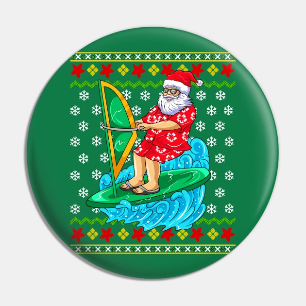 Wind Surf Santa Claus Ugly Christmas Sweater Pin by E