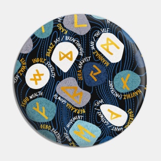 Mystical Viking Runes // pattern // black background blue grey and teal stones golden letters of the runic alphabet Pin