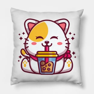 Cute cat drinking boba milk tea cartoon Pillow