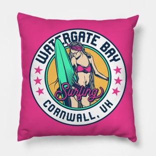 Retro Surfer Babe Badge Watergate Bay Cornwall UK Pillow