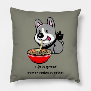 RAMEN Life Cute Kawaii  Dog Noodle Bowl Quote Pillow