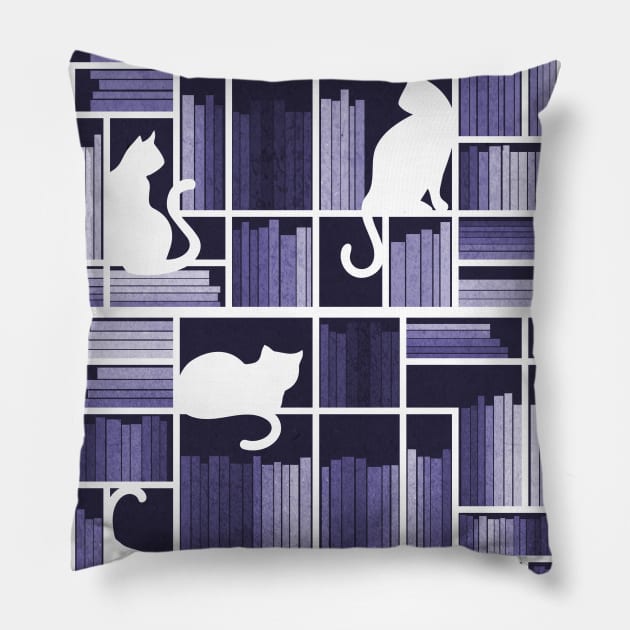 Rainbow bookshelf // monochromatic violet white shelf and library cats Pillow by SelmaCardoso