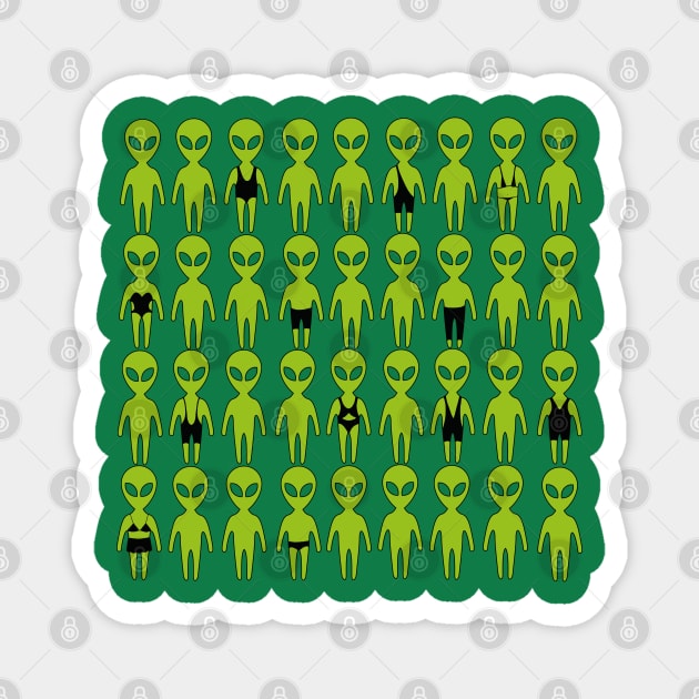 Small green men from Mars . Extraterrestrials In bathing suites. Magnet by marina63