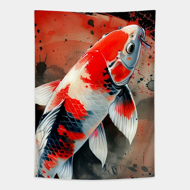 Koi Pond: Showa Sanshoku Koi captivating in their endless variety on a dark (Knocked Out) background Tapestry by Puff Sumo