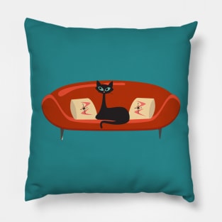 Mid Century Cat Relaxing on a Red MCM Sofa Pillow