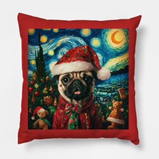 Cute Christmas Pug - Van Gogh Style Pillow