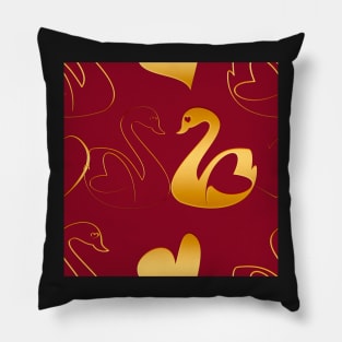 Golden swans in love on red Pillow