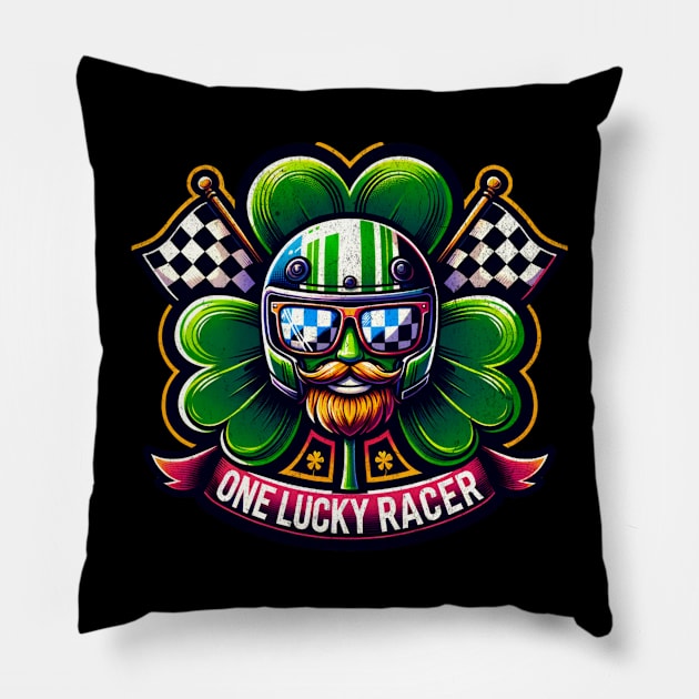 One Lucky Racer St Patrick's Day Irish Shamrock Beard Checkered Flag Racing Clover Leprechaun St Paddy's Day Luck Pillow by Carantined Chao$