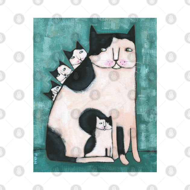 Black and White Mom Cat and Kittens by KilkennyCat Art