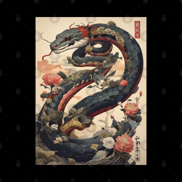 Japanese snake ukiyo e art by Spaceboyishere