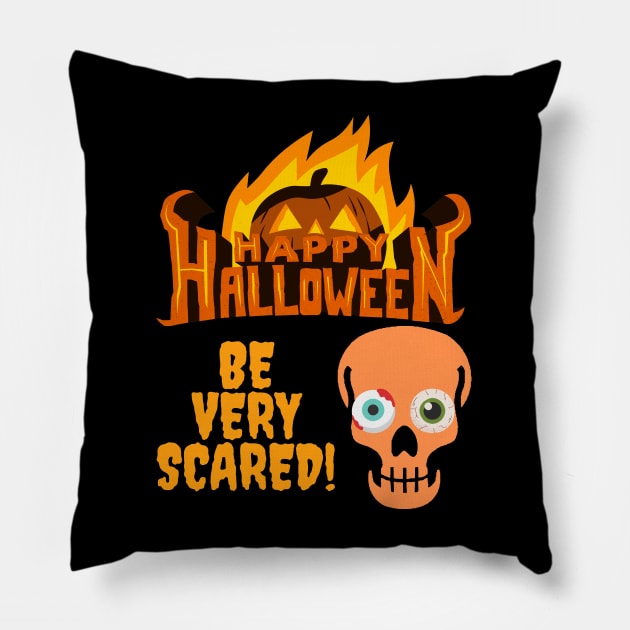 Happy Halloween Flame Pumpkin Skull Spooky Be Very Scared Pillow by Jo3Designs