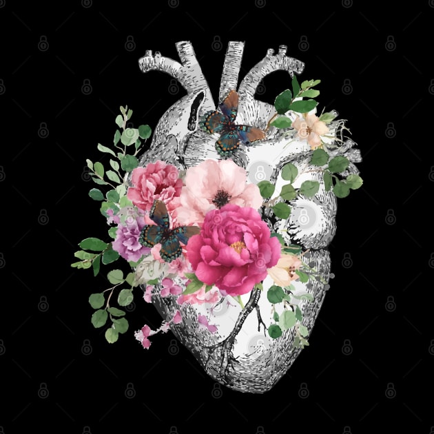 Pink roses and butterflies Floral Heart Human Anatomy by Collagedream