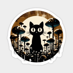 Funny Retro Black Cat in Mushroom Garden Magnet