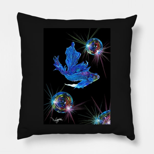 Siamese Fighting Fish and Colorful Shiny Bubbles Pillow by Neginmf