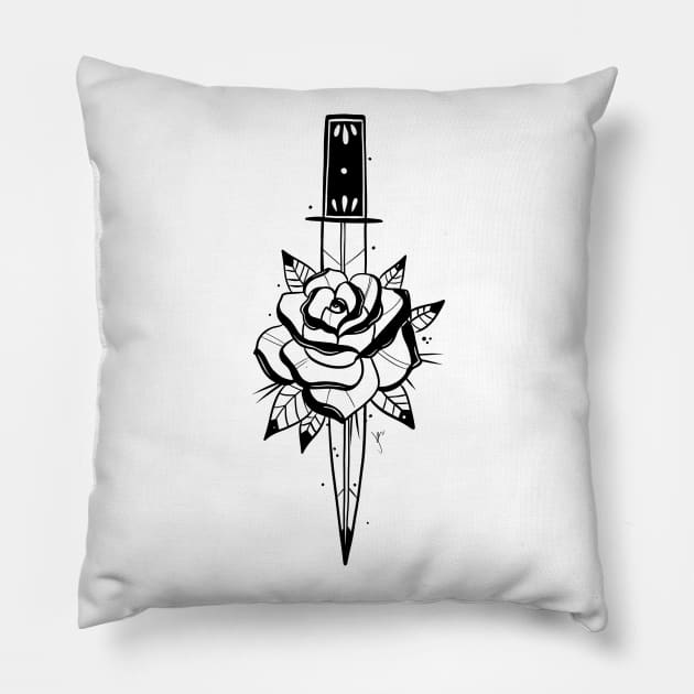 Rose and Dagger blk Pillow by MoonstoneandMyth