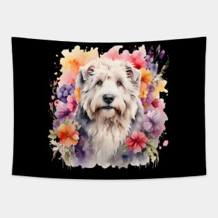 An old english sheepdog decorated with beautiful watercolor flowers Tapestry