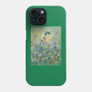 Dragonfly among flowers in a Sunlight Green Meadow Phone Case