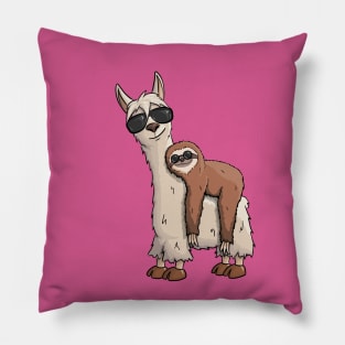 Casual Sloth Riding Llama with Sunglasses Pillow