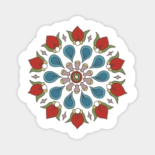 Geometric pattern of red blue rosette flowers on pink circles Magnet