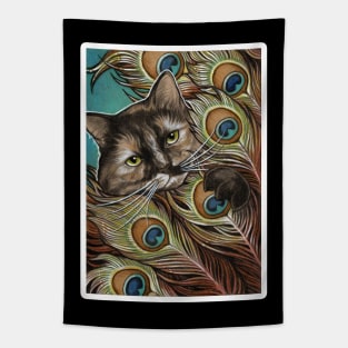 Tortie Cat and Peacock Feathers - White Outlined Version Tapestry