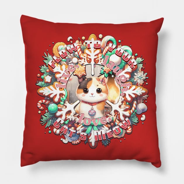 Christmas Cat Wreath Flow To Your Cats Meow 6C2 Pillow by catsloveart