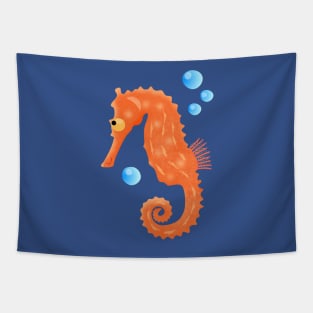 Cute orange seahorse bubbles cartoon illustration Tapestry