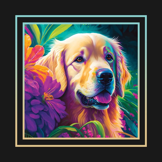 Thirsty Golden Retriever Floral Tropical Vibrant Digital Oil Painting Portrait by ArtHouseFlunky