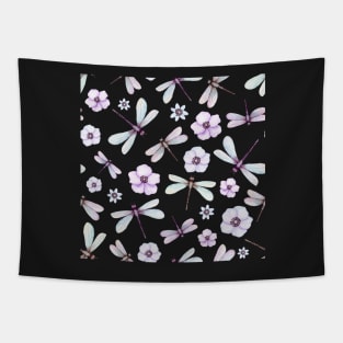 Watercolor Pink Dragonflies and Flowers Tapestry