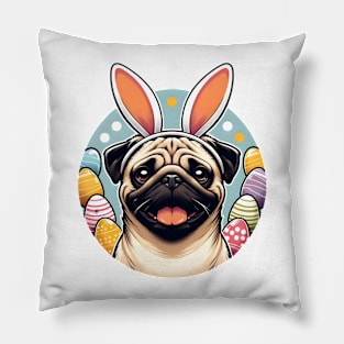 Pug Celebrates Easter with Bunny Ears and Colorful Eggs Pillow