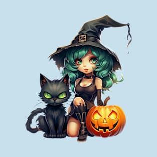 Halloween Witch Black Cat and Pumpkins T-Shirt