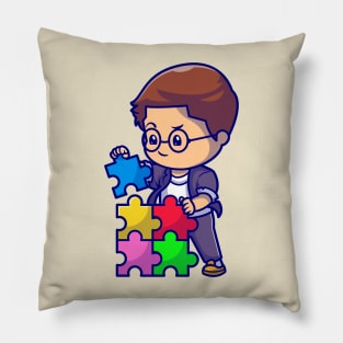 Cute Boy Connecting Puzzle Pieces Cartoon Pillow