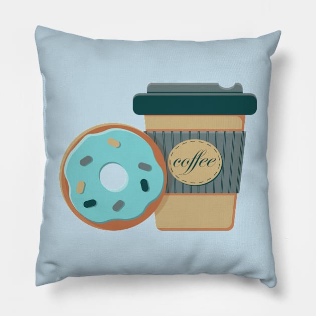 Paper cup of hot coffee to go and frosted mint donut Pillow by Cute-Design