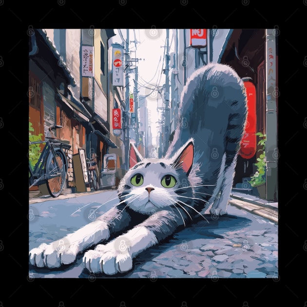 Cat stretching on tokyo street by TomFrontierArt