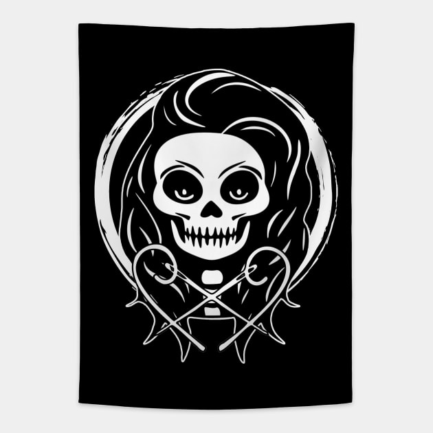 Female Craft Artist Skull and Needles White Logo Tapestry by Nuletto