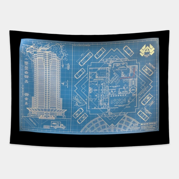 Blue Print Nakatomi Plaza Tapestry by VACO SONGOLAS