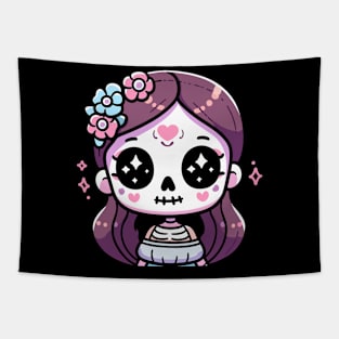 Kawaii Girl in a Halloween Costume | Cute Kawaii Chibi Skeleton Ghost Design Tapestry