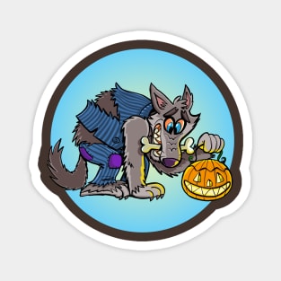 funny werewolf is holding a pumpkin lamp for Halloween Magnet