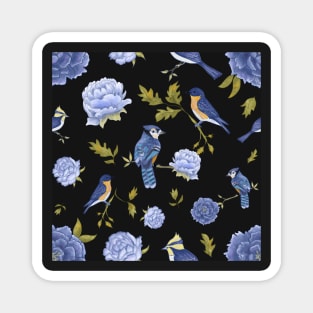 Peonies and blue birds on black backdrop Magnet