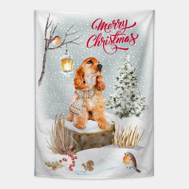 Golden Cocker Spaniel Merry Christmas Santa Dog Tapestry by Puppy Eyes