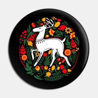 Folk Art White Stag with Flowers and Leaves Pin