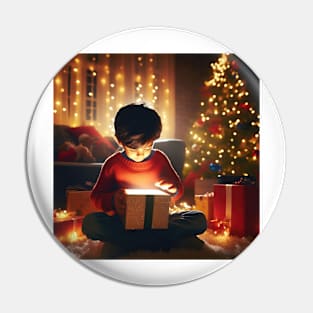 Young child opening a wondrous glowing gift on Christmas morning generative ai Pin