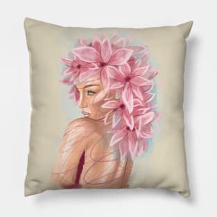 Pretty young girl with flowers in hair Pillow