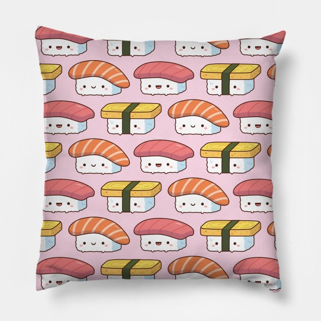 Cute Salmon, Tuna and Egg Sushi Pattern Pillow by rustydoodle